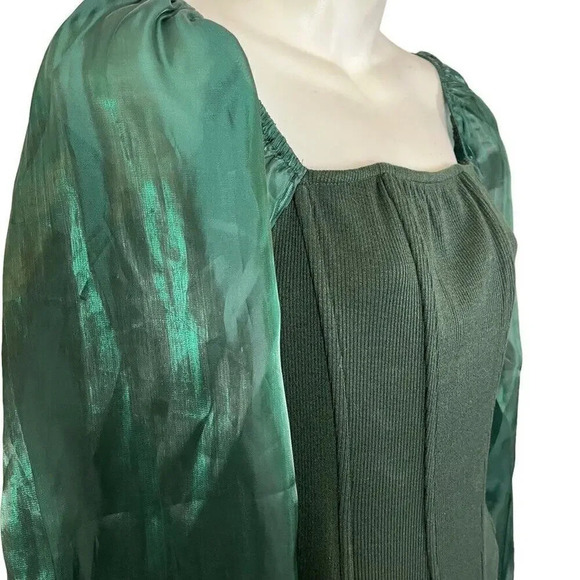 Oddy Womens Sheer Puff Sleeve Boned Ribbed Green Top Shirt Blouse NWT sz Large - Picture 3 of 16